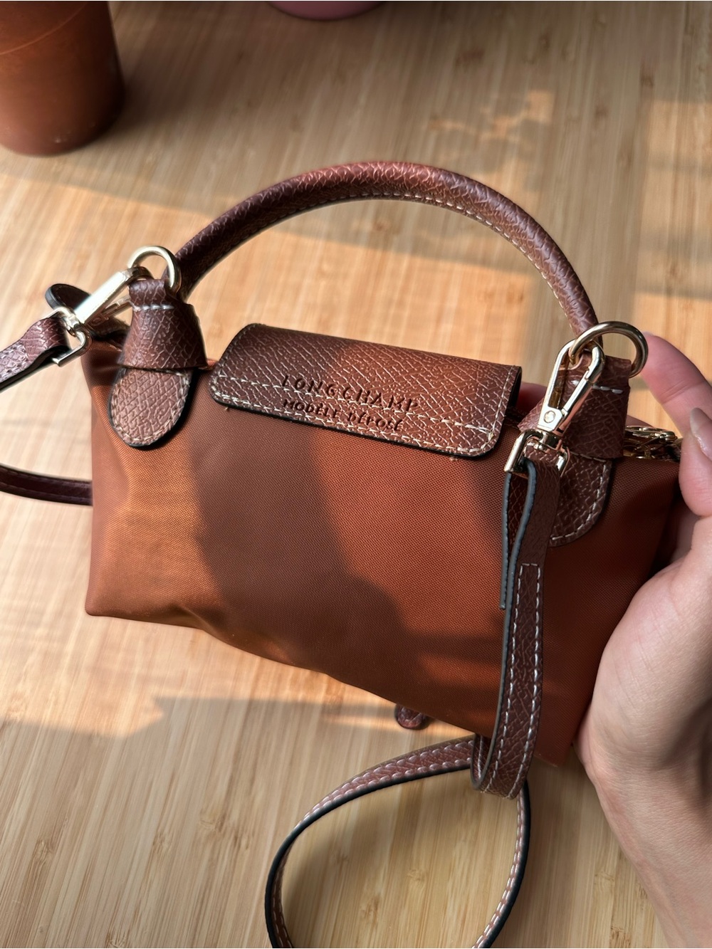 Longchamp original le pliage mini cognac brown color with strap - Picture 6 of 10